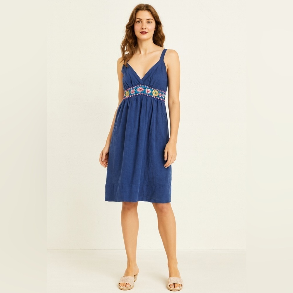 Johnny Was Sleeveless Sun Dress with Floral Embroidery and Back Tie.  Size-Small